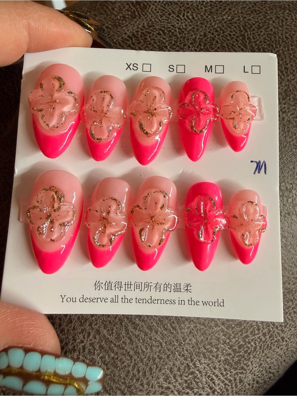 Hand-Painted Pink & Silver Floral Press-On Nail Set. Each $20
